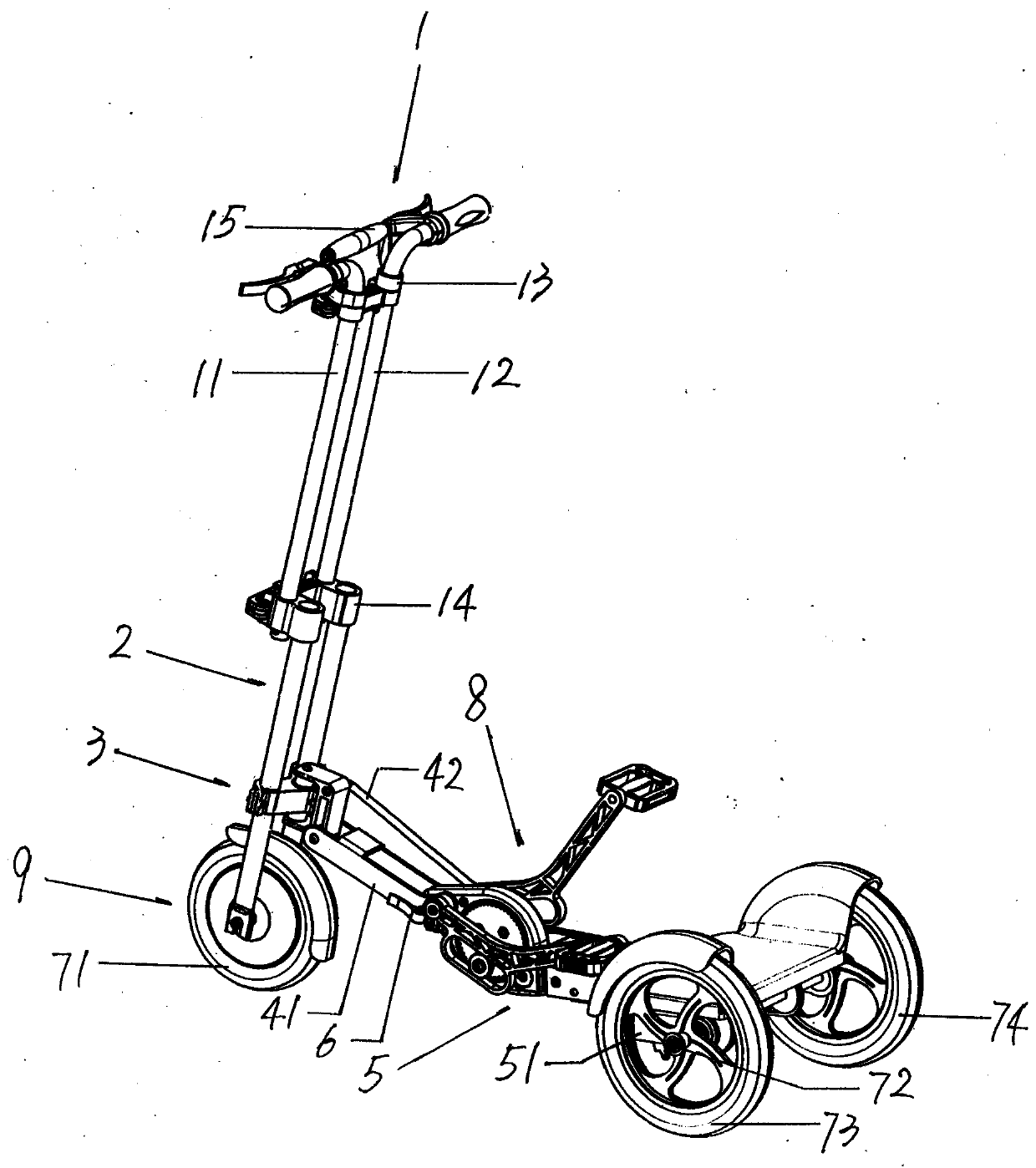 Telescoping shock-absorbing portable three-wheel electric scooter