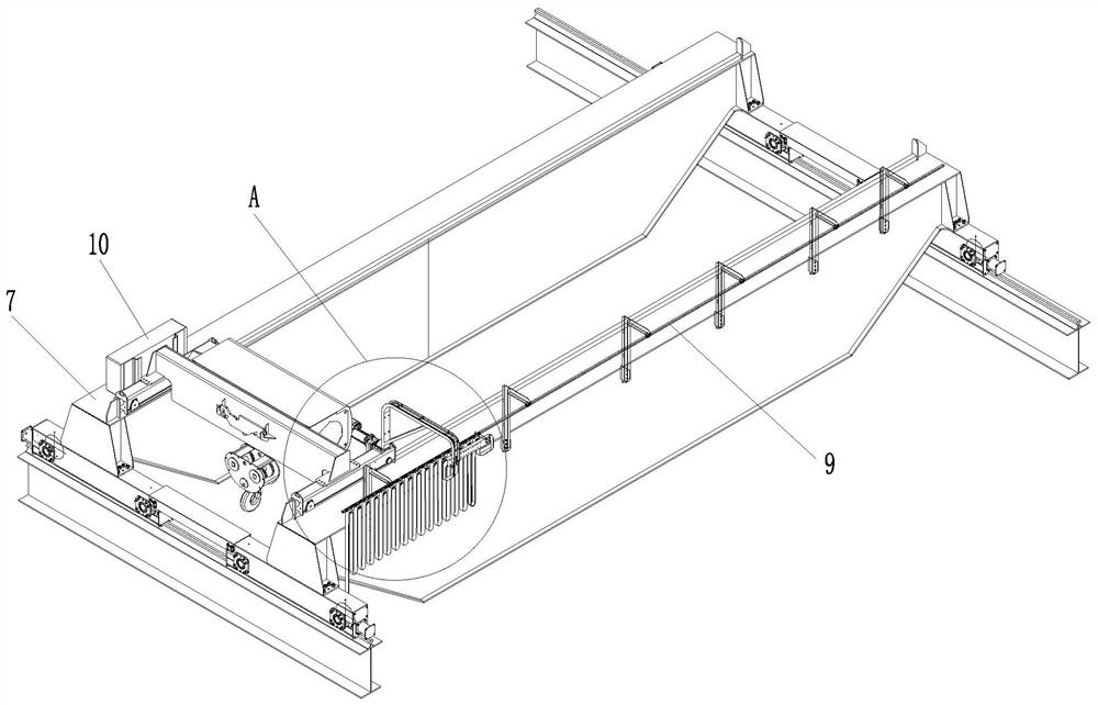 Adjustable trolley power-taking arm, crane and use method