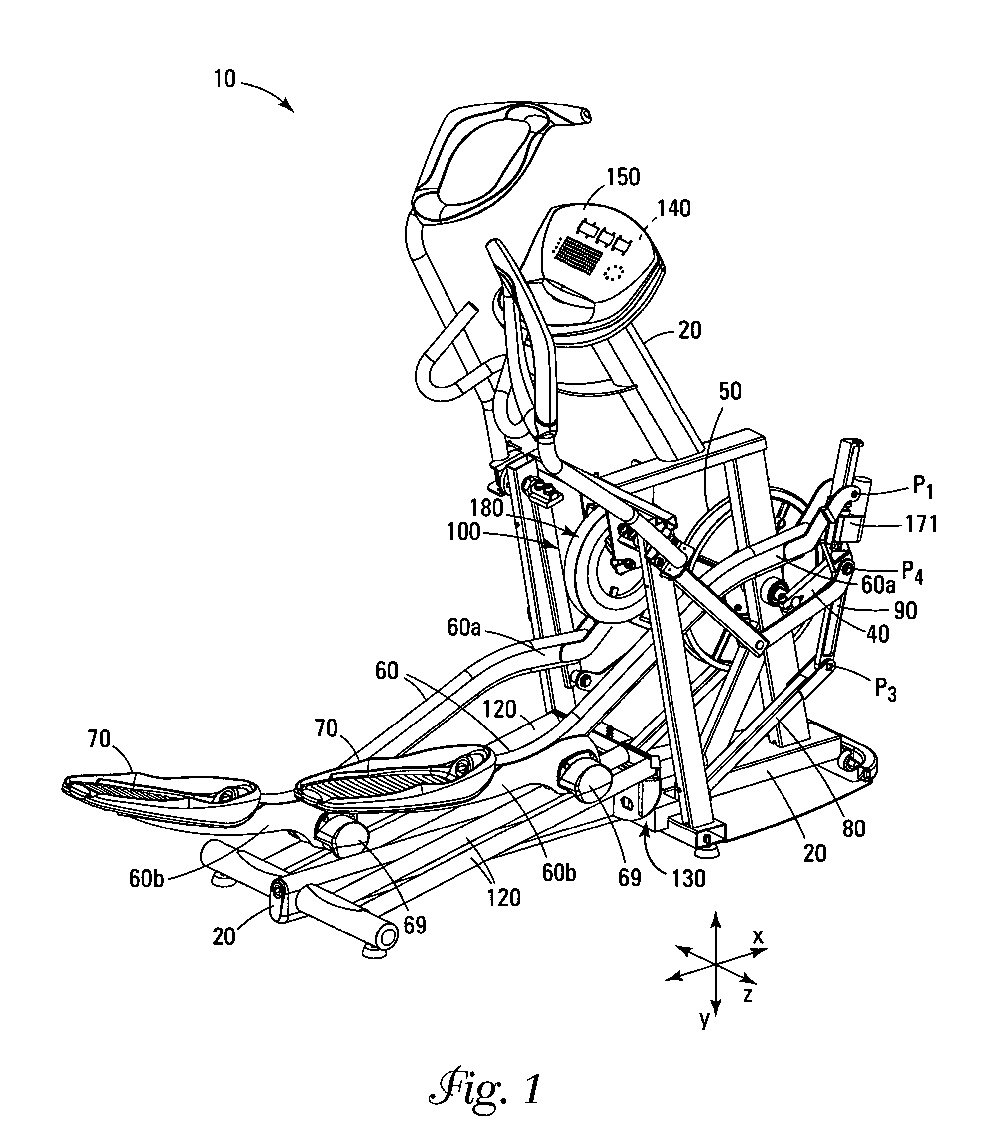 Exercise equipment with automatic adjustment of stride length and/or stride height based upon the heart rate of a person exercising on the exercise equipment