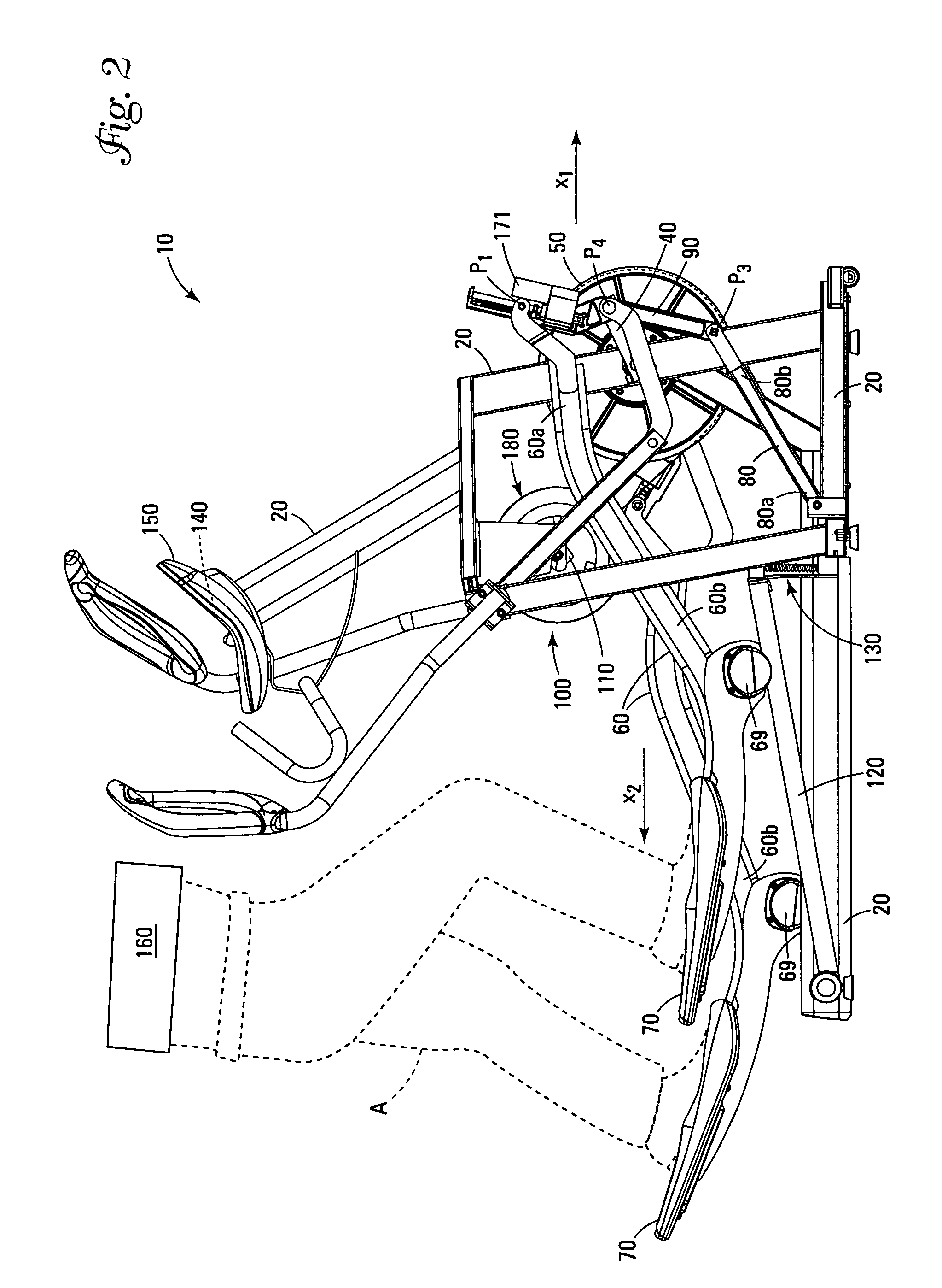 Exercise equipment with automatic adjustment of stride length and/or stride height based upon the heart rate of a person exercising on the exercise equipment