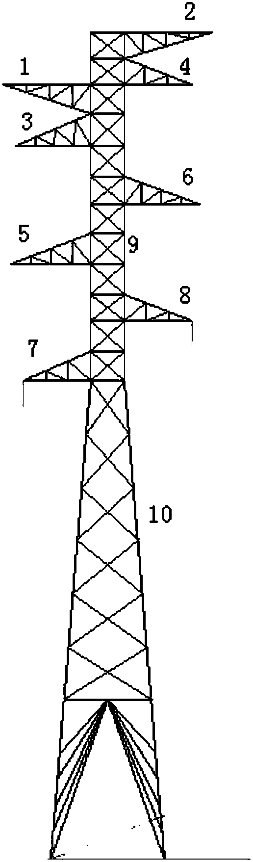 Assembled staggered floor cross arm tangent tower and tower erection method thereof