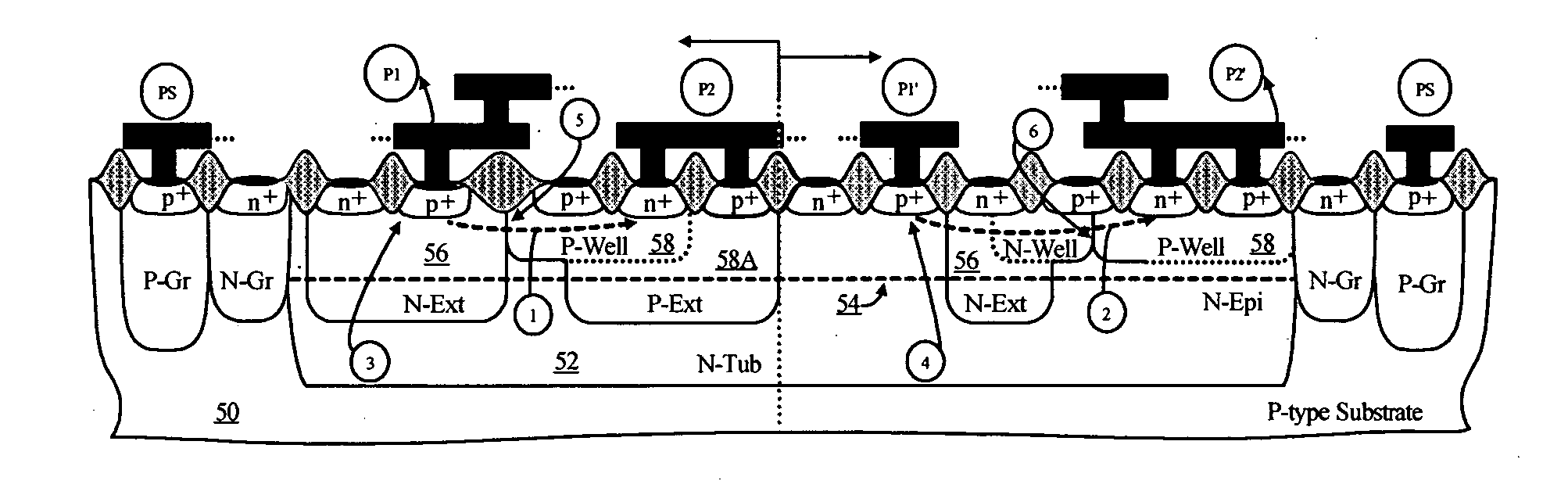 Devices with adjustable dual-polarity trigger- and holding-voltage/current for high level of electrostatic discharge protection in sub-micron mixed signal CMOS/BiCMOS integrated circuits