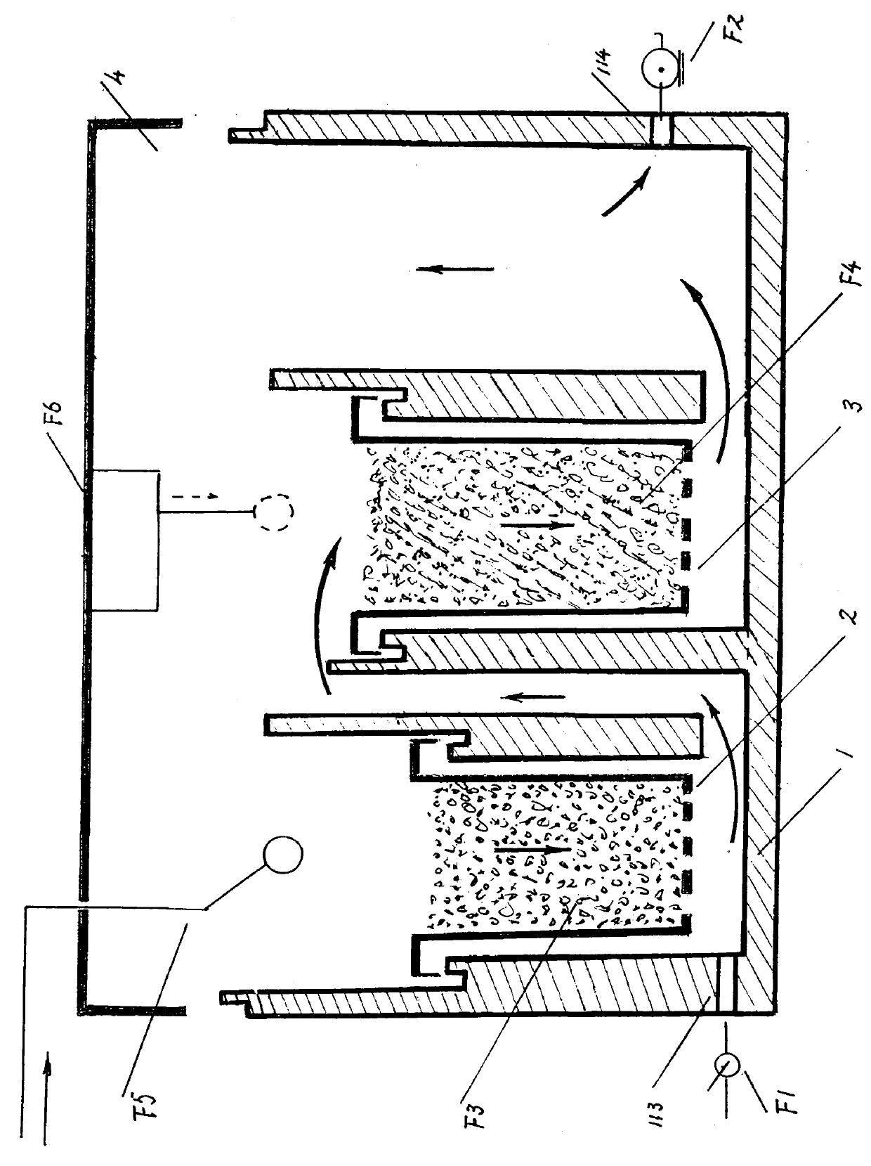 Building block type modules of horizontal structure capable of continuous downstream filtration