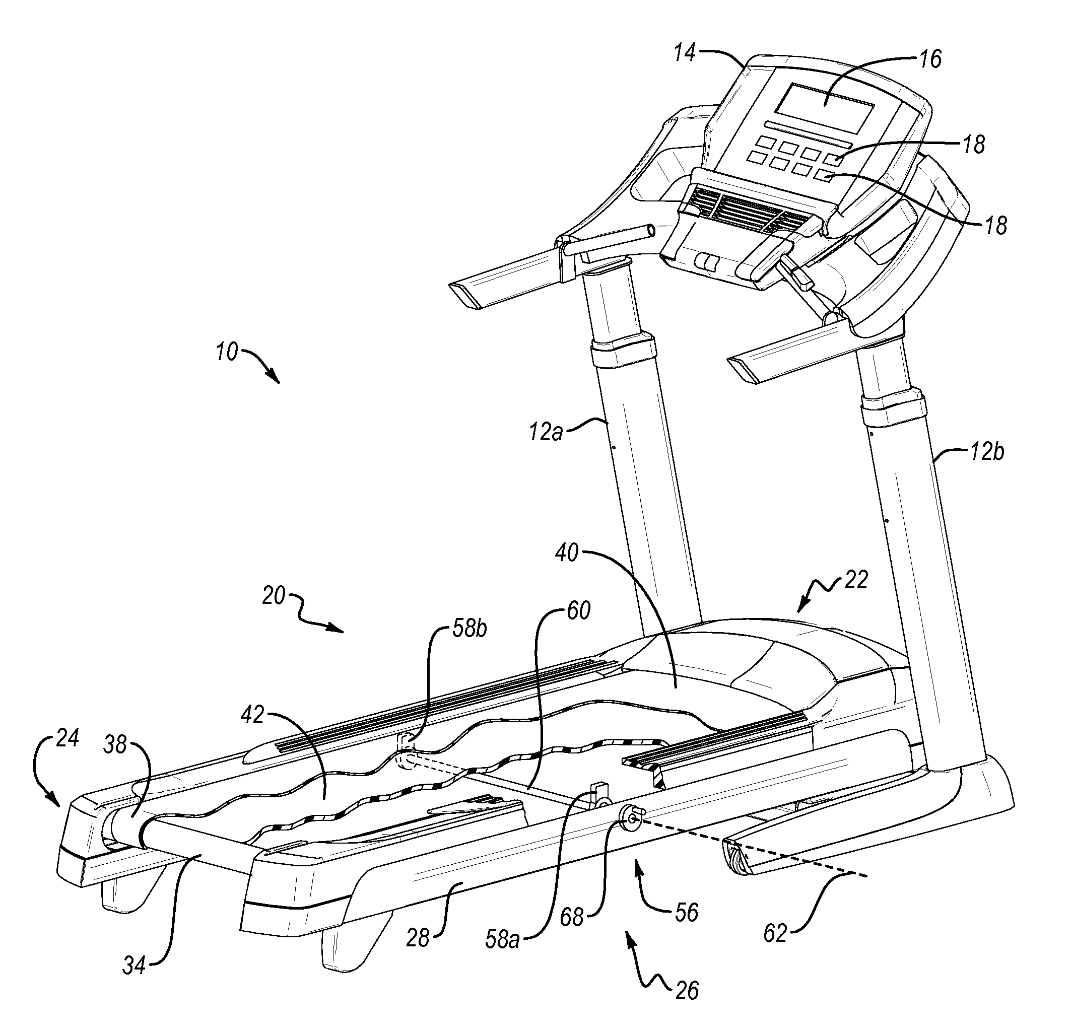 Treadmill with selectively engageable deck stiffening mechanism