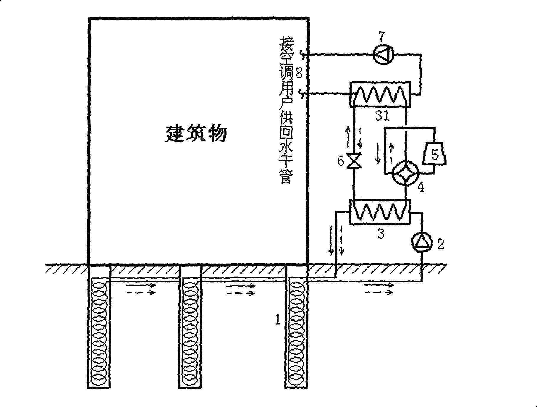 Pile imbedded helix tube type ground source heat pump system and heat transferring model of terrestrial heat exchanger thereof