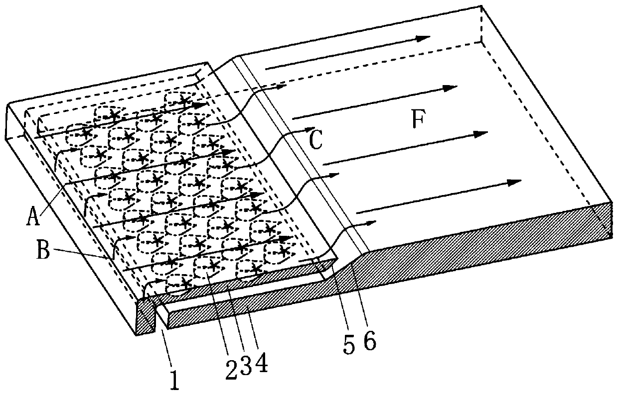 Grid seam cooling structure with fishtail-shaped turbulent flow columns