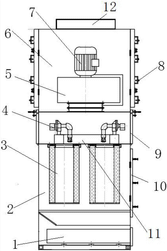 Dust treatment device purifying filter element by virtue of compressed air