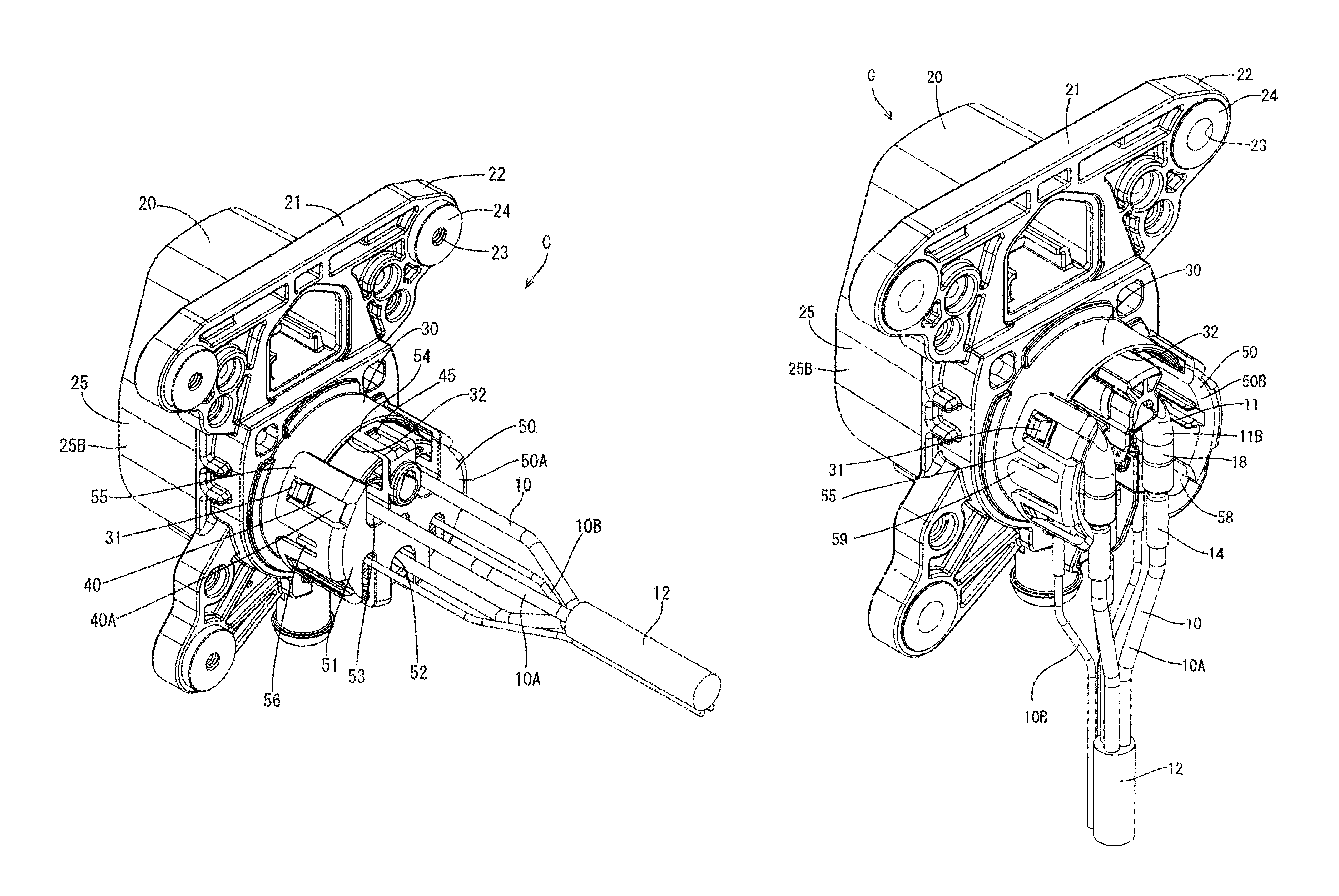 Vehicle-side connector having a housing with wire draw-out openings in different directions