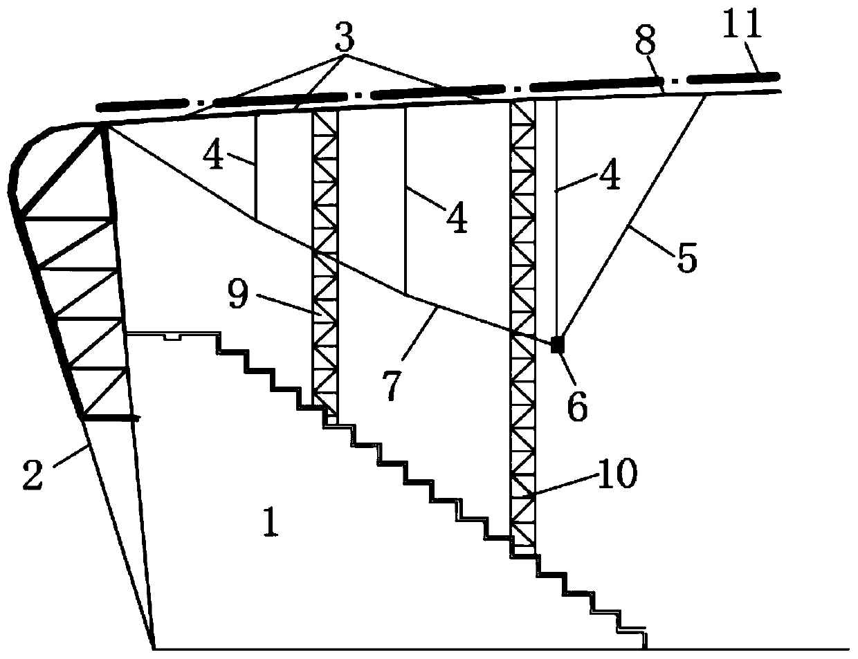 Construction method of annular cable-supported grid structure with upper grid participating in balancing inhaul cable pretension