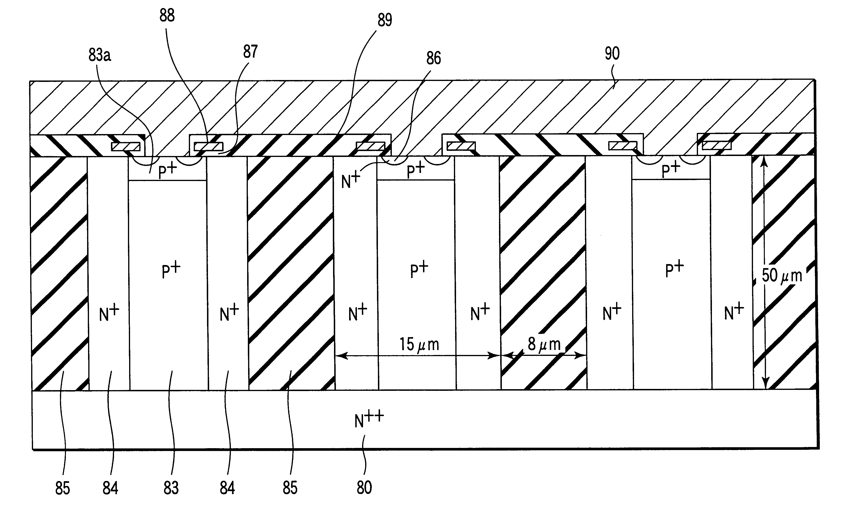 Power MOSFET having laterally three-layered structure formed among element isolation regions