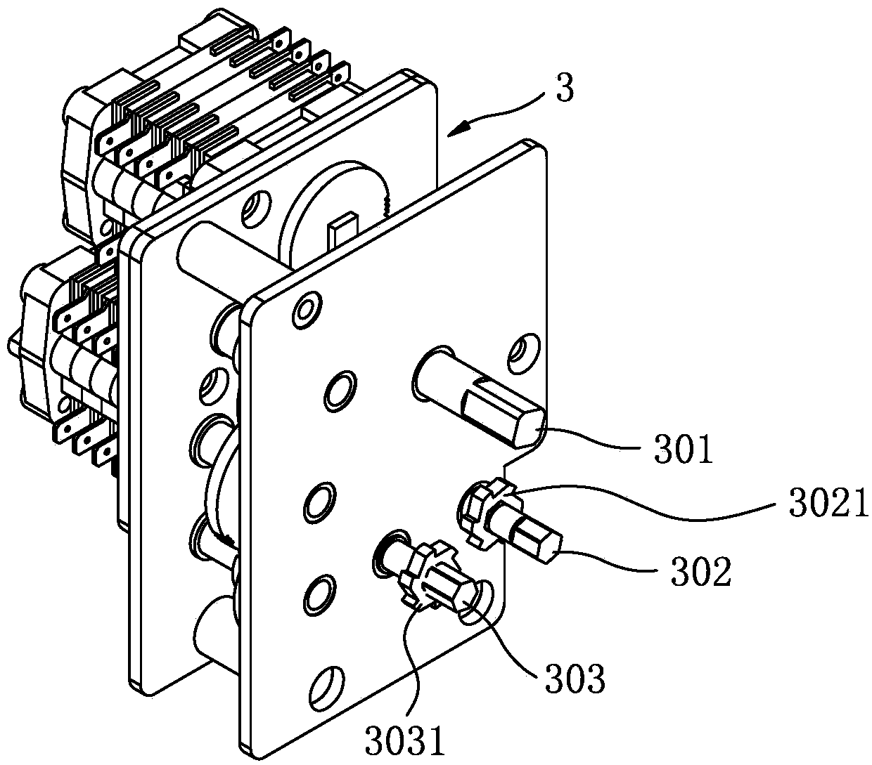 Station lock crank three-station mechanism