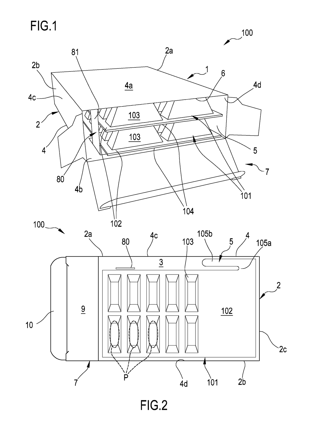 Package and associated container, process for making said package and said container