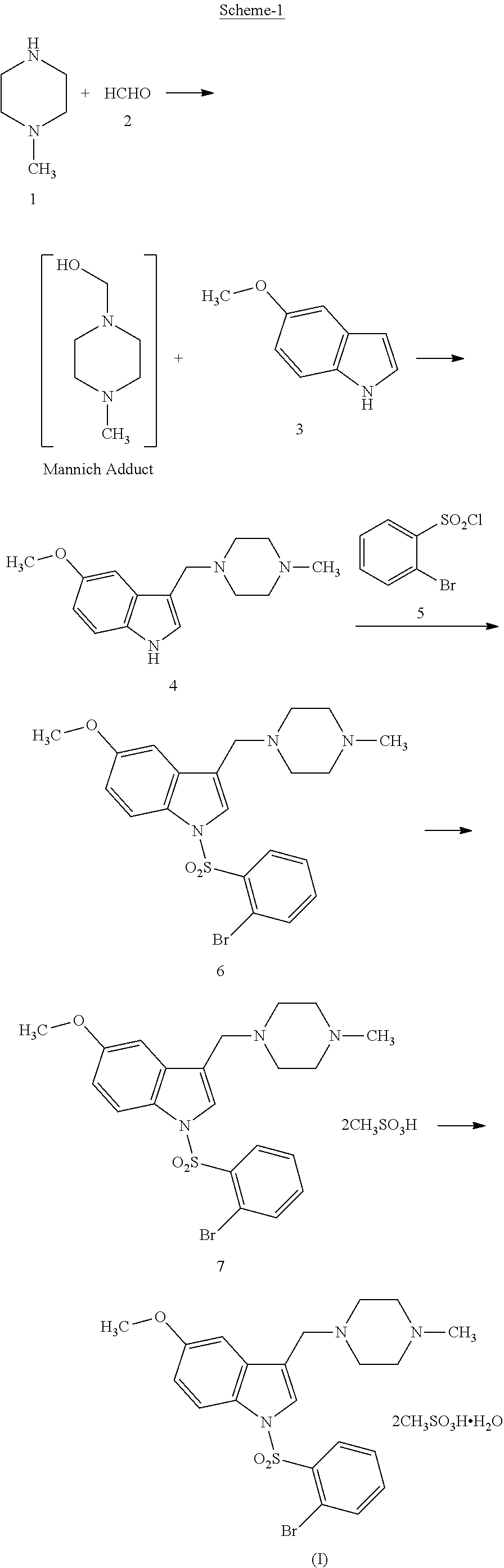 Process for large scale production of 1-[(2-bromophenyl)sulfonyl]-5-methoxy-3-[(4-methyl-1-piperazinyl)methyl]-1H-indole dimesylate monohydrate