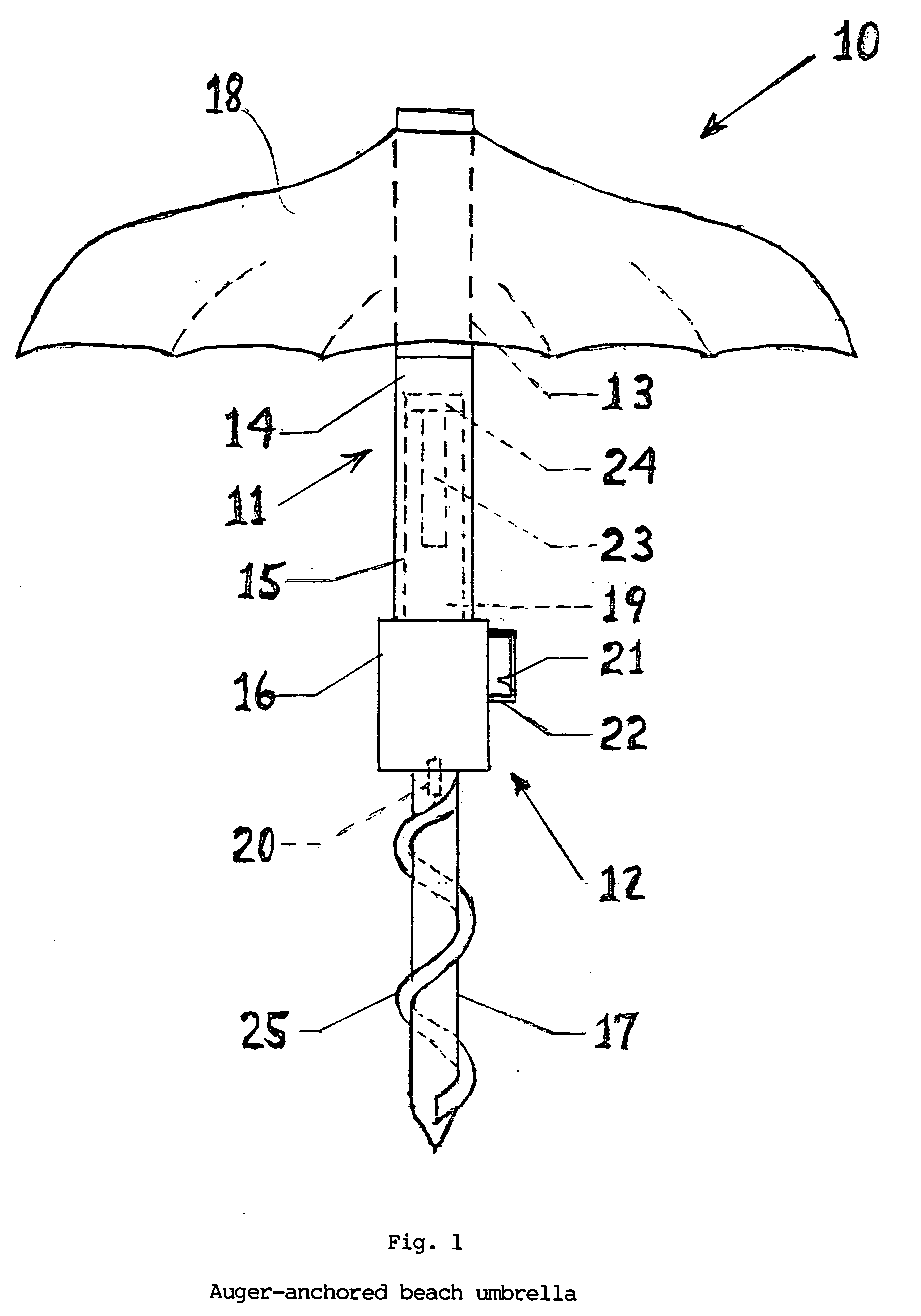Auger-anchored beach umbrella
