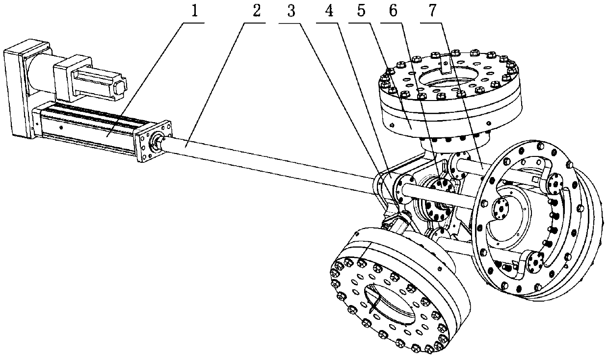 Three-guiding-rod synchronous variable pitch device and assembling method thereof