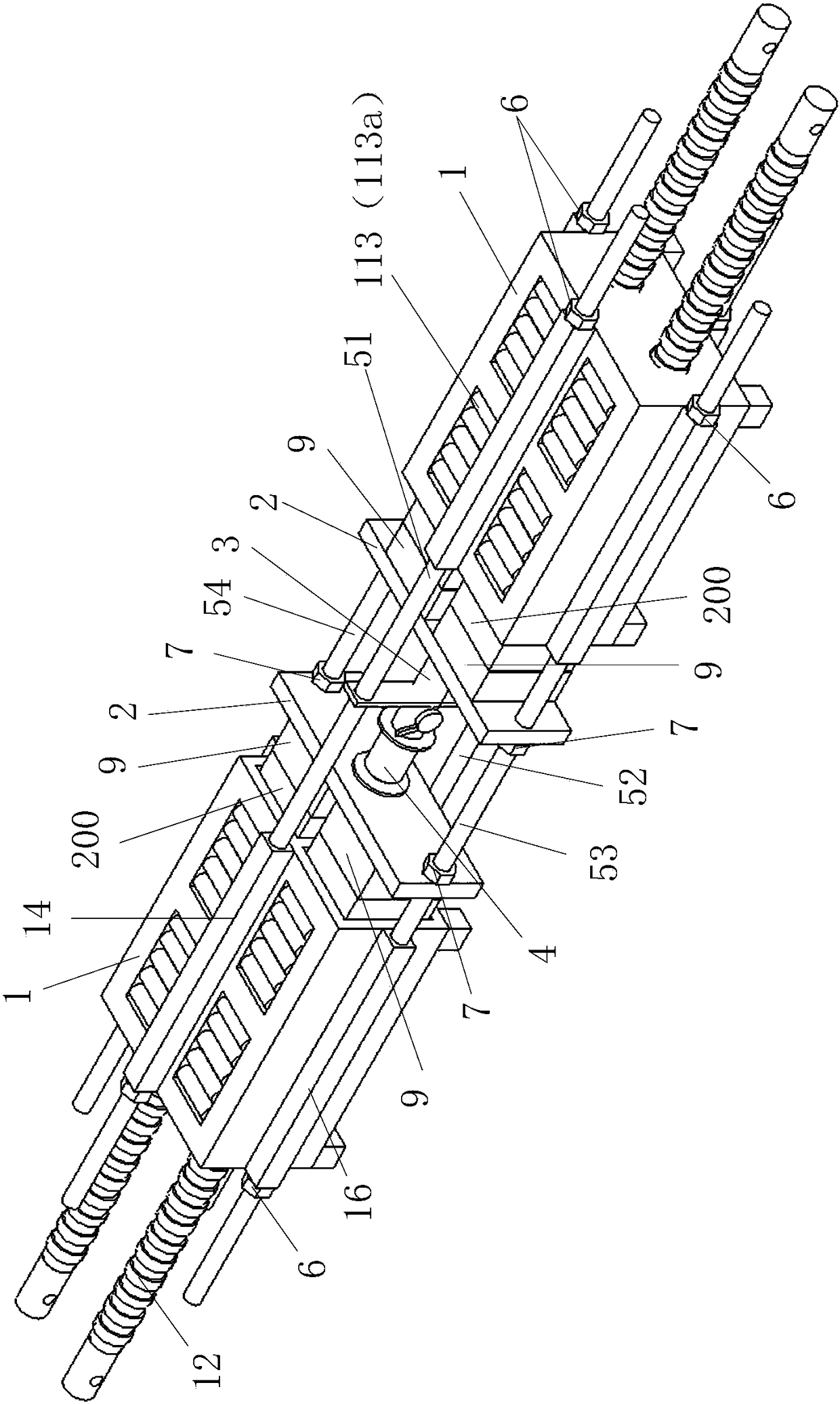 Test device for applying permanent axial compressive load to multiple concrete specimens simultaneously