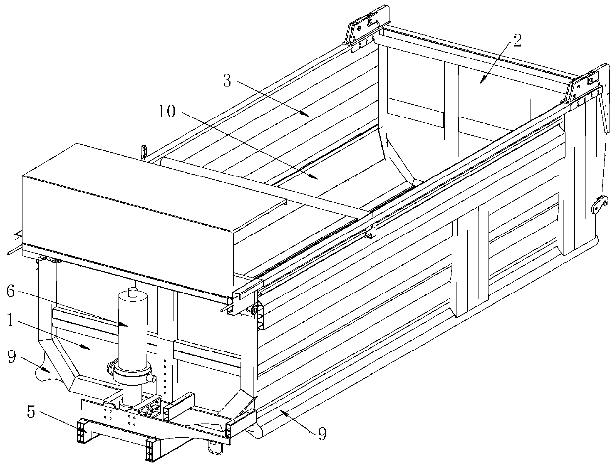 Self-unloading compartment structure with strengthened bottom plate and auxiliary frame