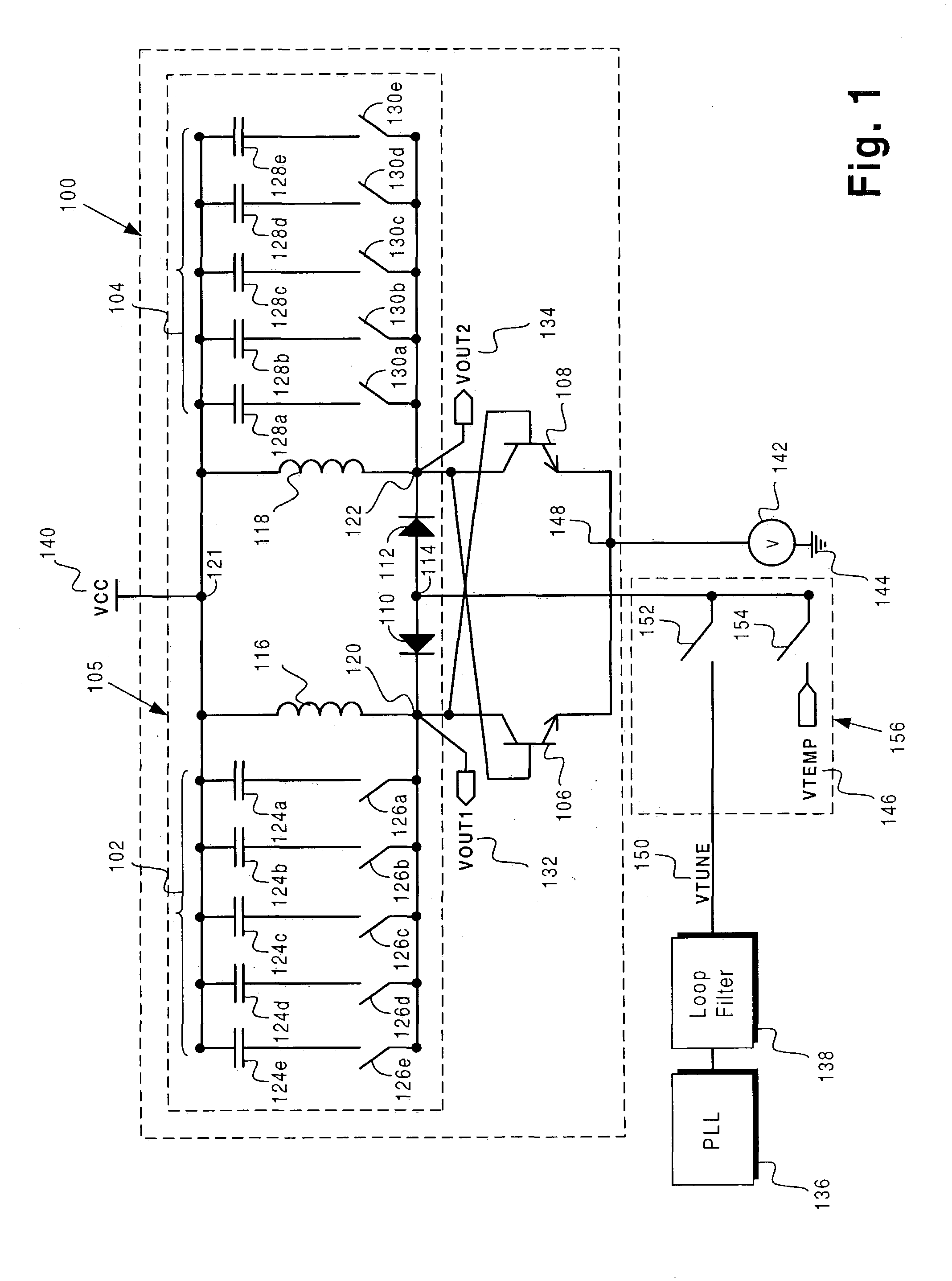 Efficient tuning circuit for on-chip voltage controlled oscillator and method