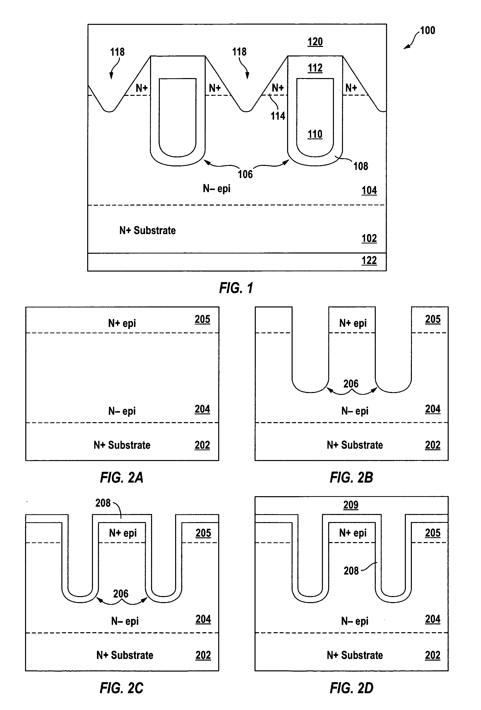 Trenched-gate field effect transistors and methods of forming the same