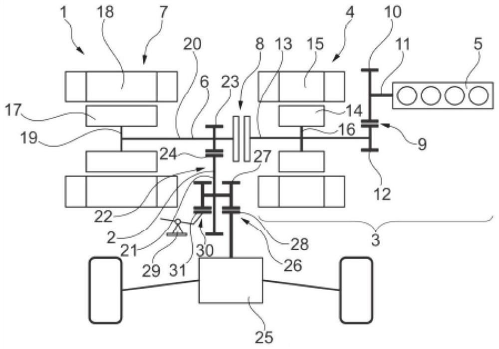 Hybrid powertrain with two electric machines and internal combustion engine