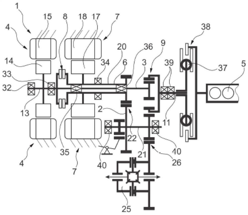 Hybrid powertrain with two electric machines and internal combustion engine