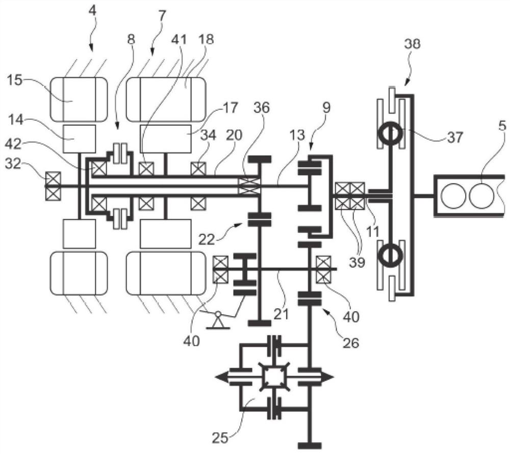 Hybrid powertrain with two electric machines and internal combustion engine