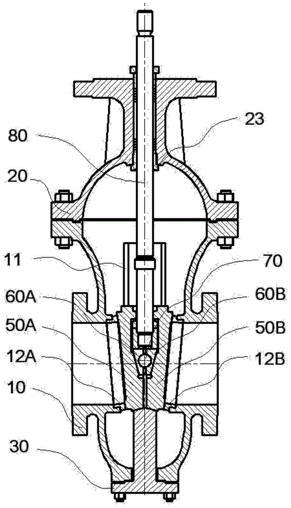 Double wedge-type gate valve with additional auxiliary air valve
