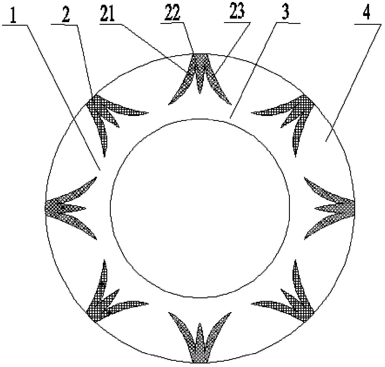 Mechanical sealing structure with flower and plant simulating fluid type groove end surfaces