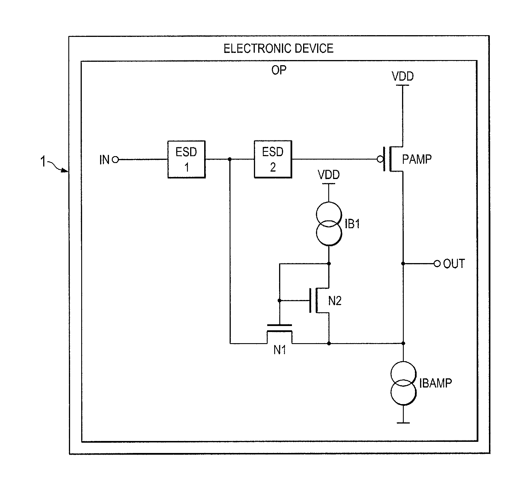 Electronic device and method for an amplifier with resistive feedback