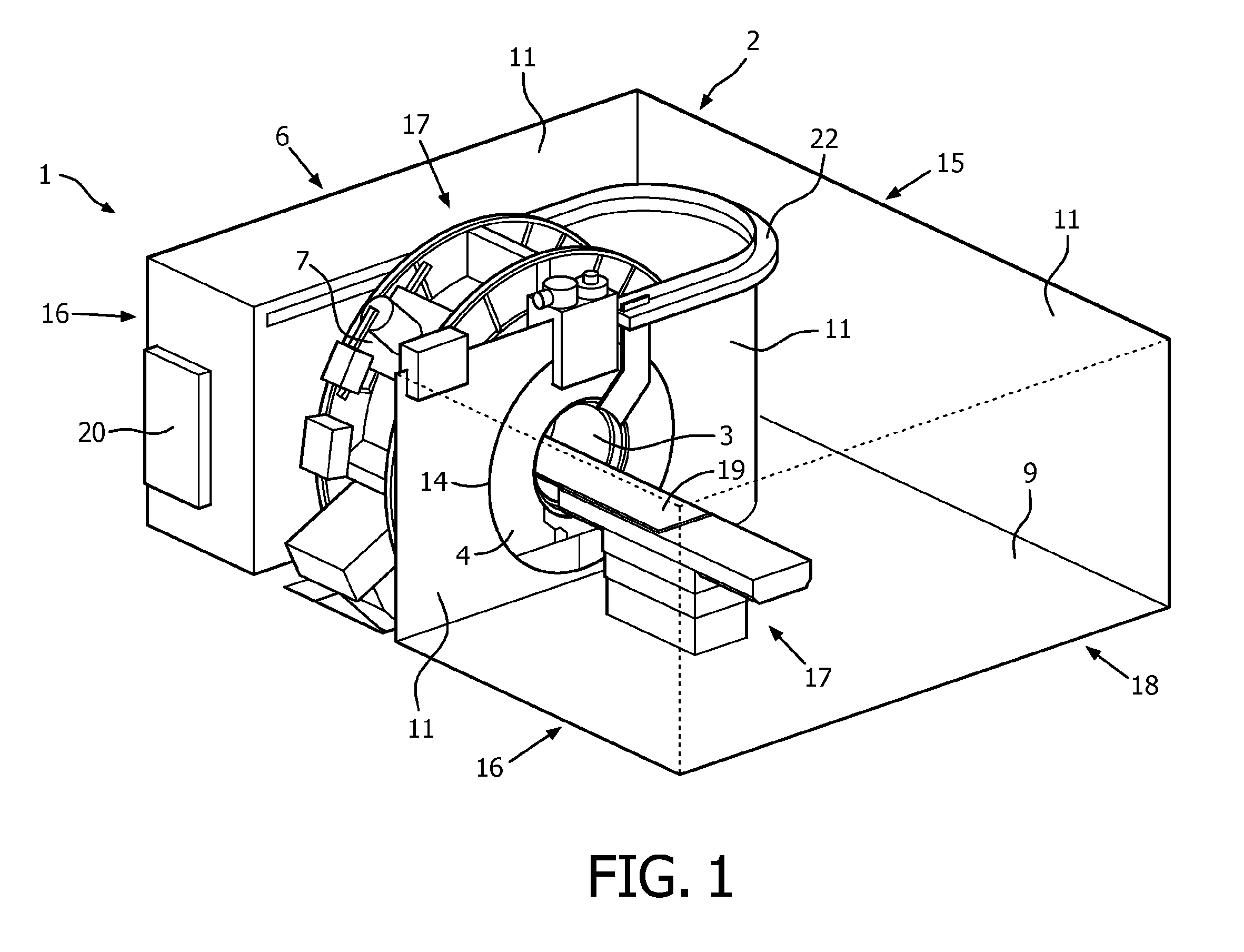 RF shielded exam room of a magnetic resonance imaging system