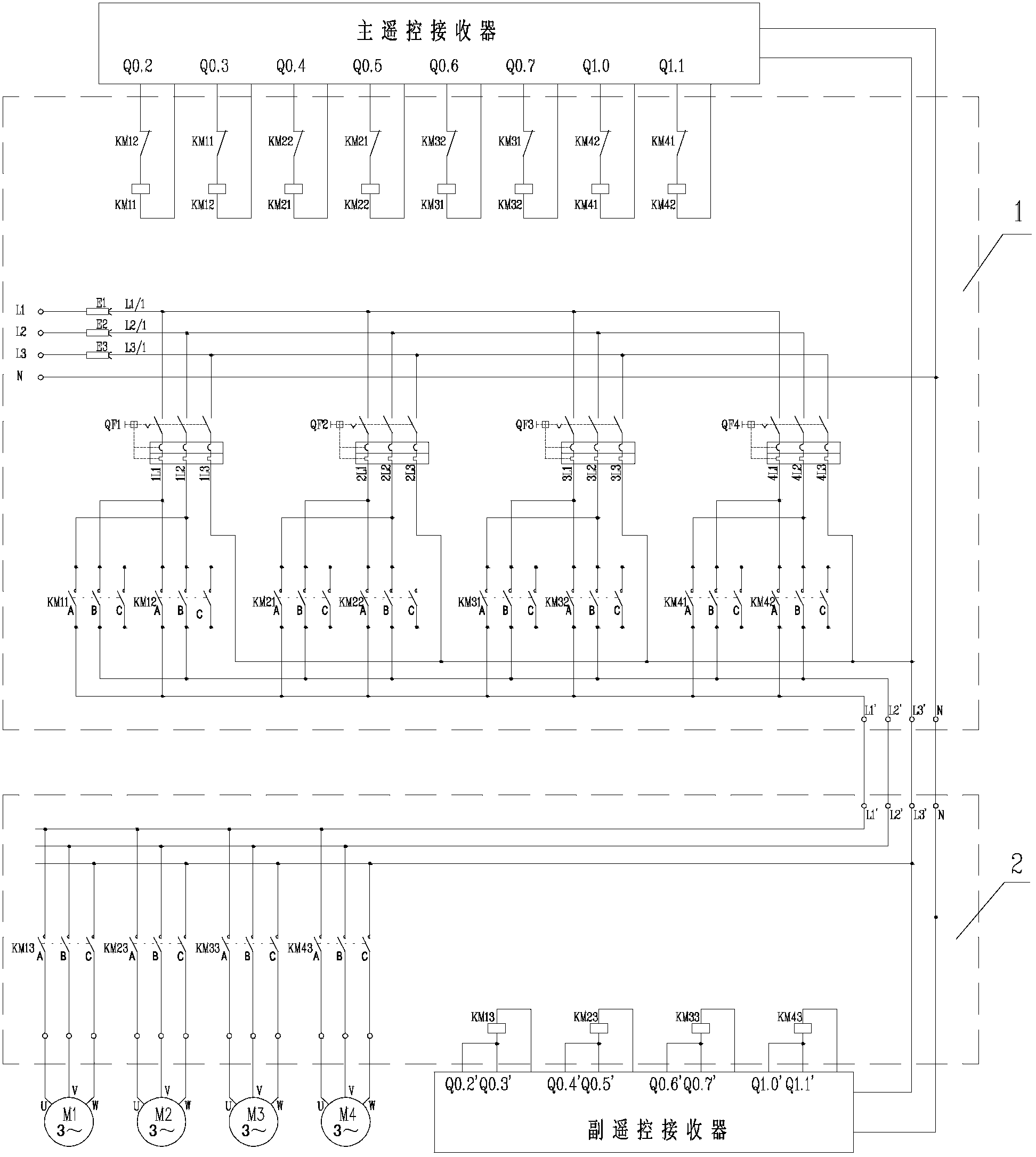 Device and method for controlling four motors with few cables and in double remote control mode