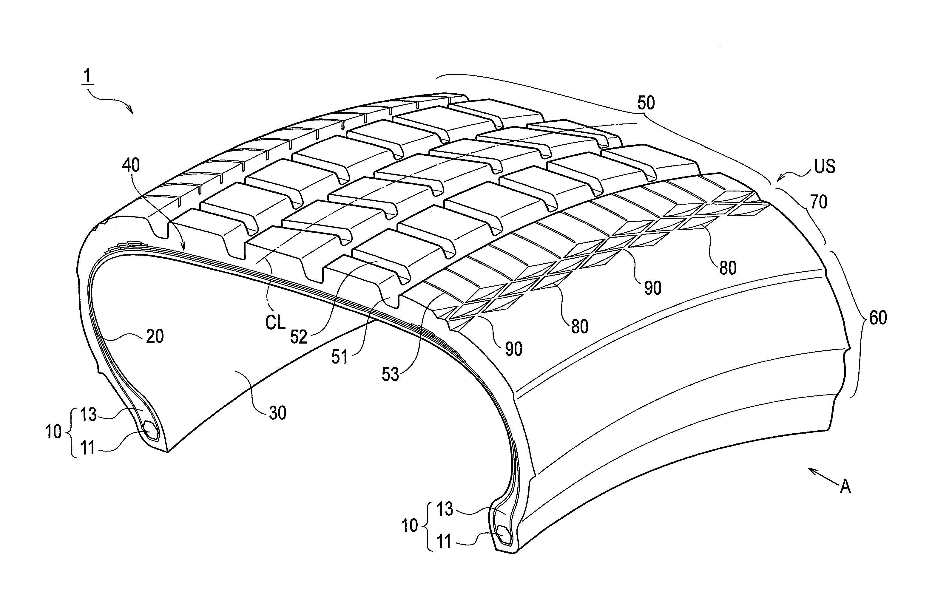 Tire with recessed portions formed on buttress portion