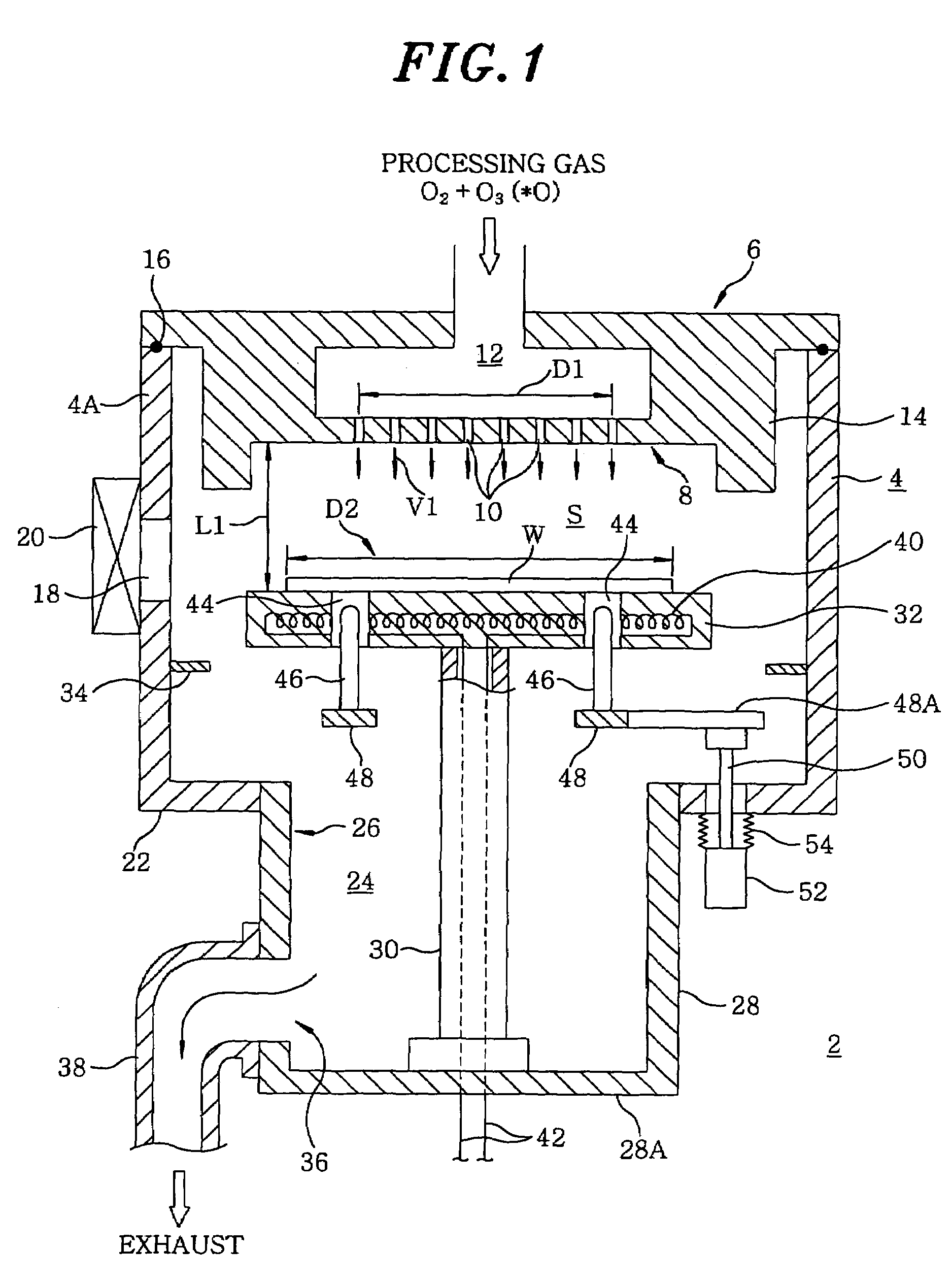Processing device using shower head structure and processing method