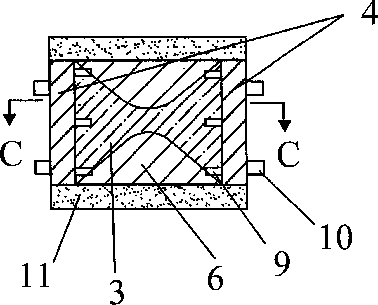 Shear wall hidden with vertical soft steel energy consupting band and mfg. method thereof