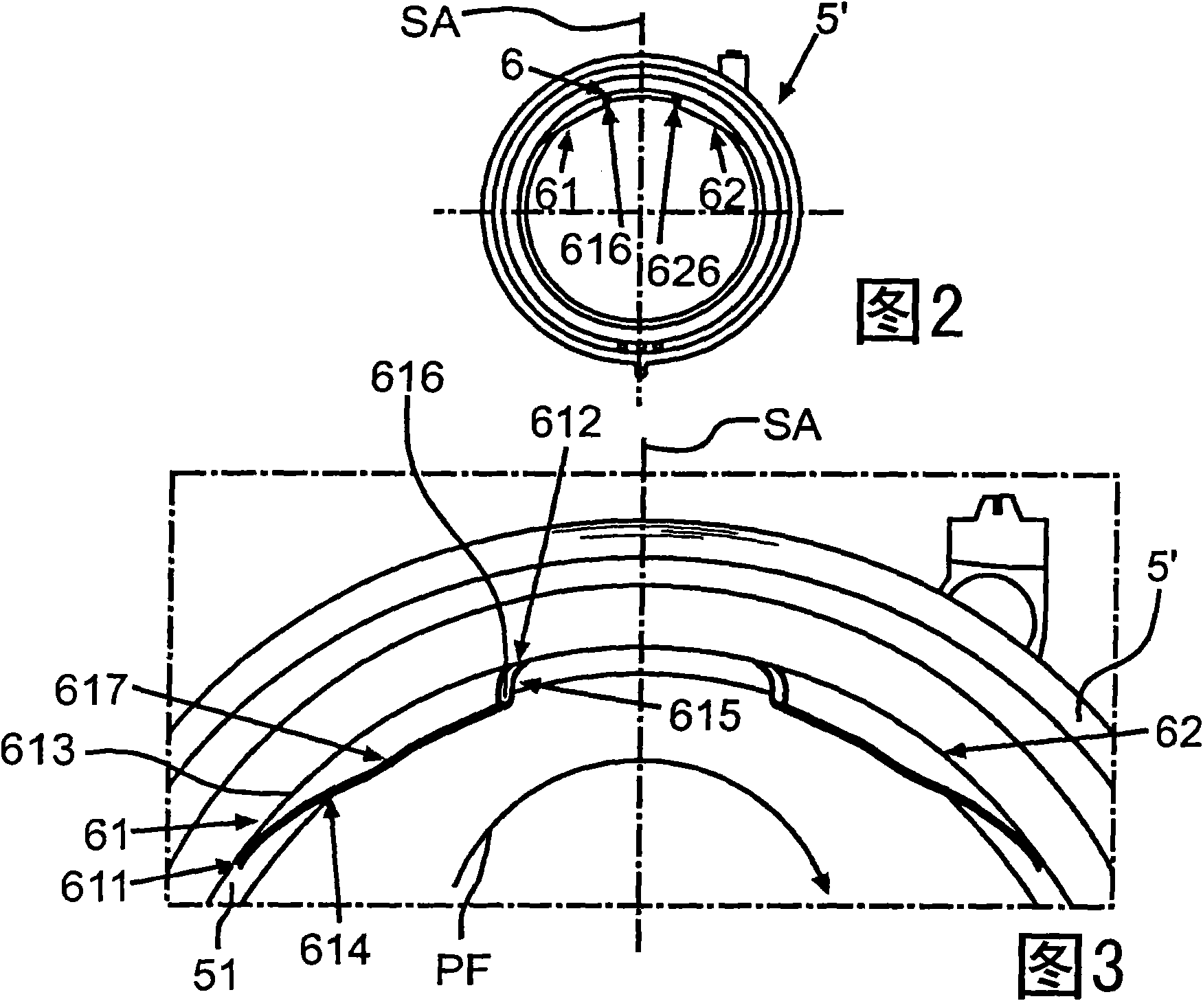 Guard device for a household washing machine comprises wedge-shaped guard elements, a flat progression and a steep progression