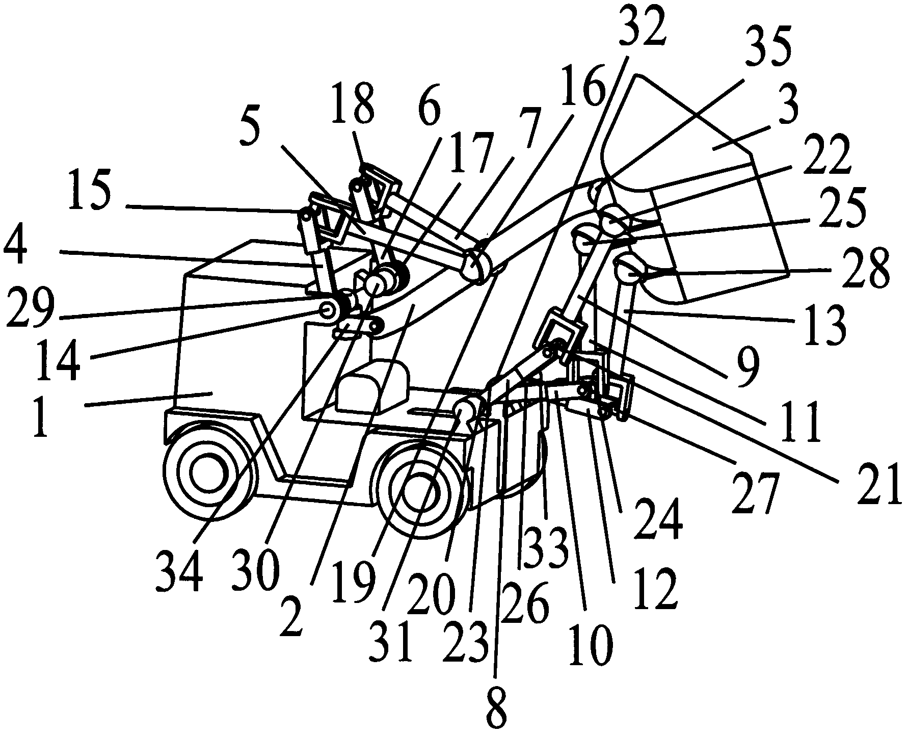 Spatially controllable mechanism type loader with two-dimensionally rotatable moving arm and three-dimensionally rotatable bucket