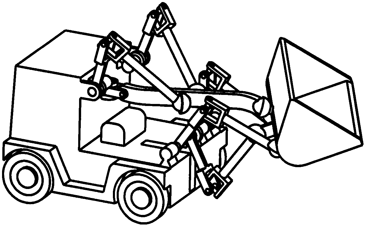 Spatially controllable mechanism type loader with two-dimensionally rotatable moving arm and three-dimensionally rotatable bucket