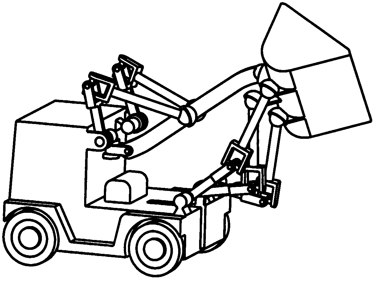 Spatially controllable mechanism type loader with two-dimensionally rotatable moving arm and three-dimensionally rotatable bucket