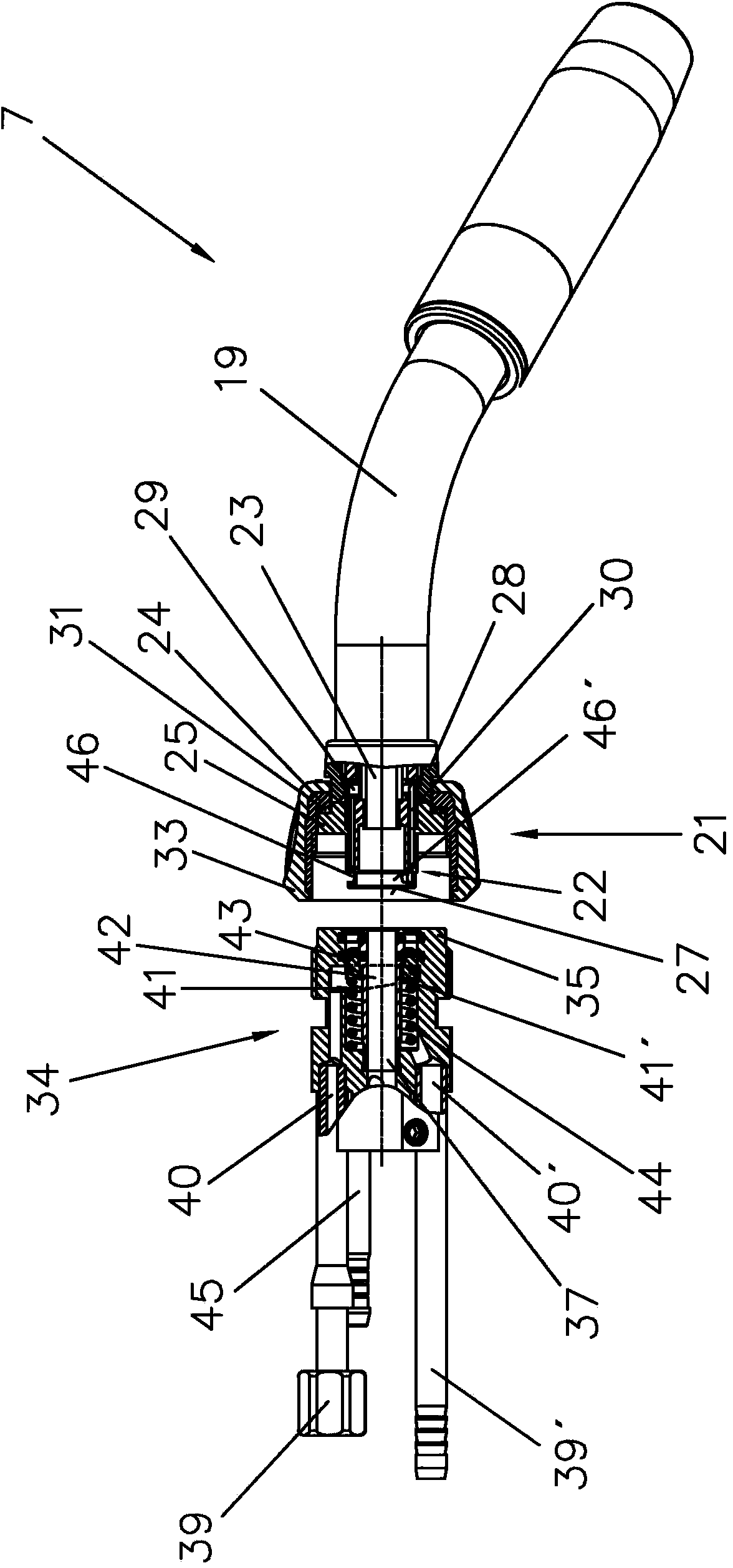 Plug part and socket part for detachably connecting pipe elbow of water-cooled welding torch and connecting device