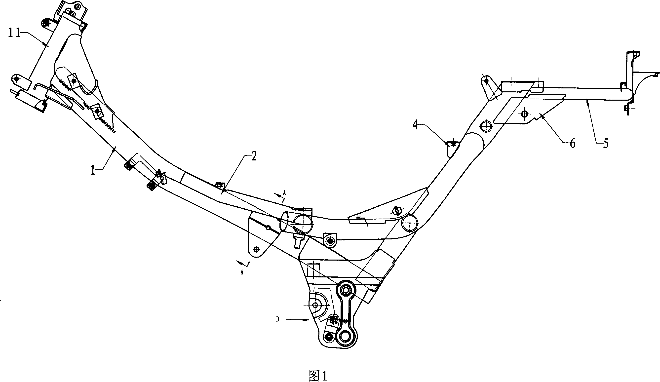 Bent-beam motorcycle frame with large helmet case
