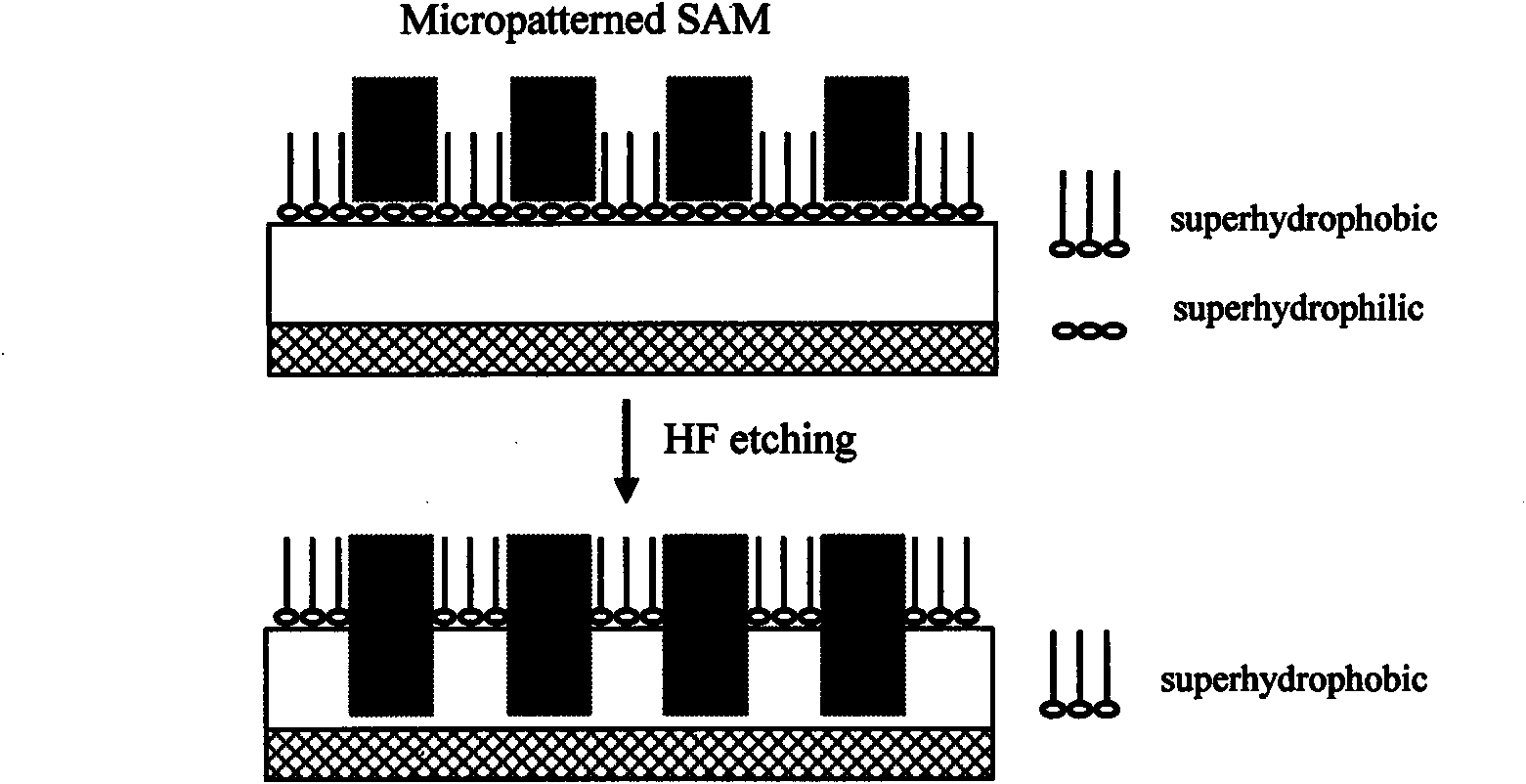 Method for micro-processing patterned surface based on super hydrophilic-super hydrophobic characteristic template