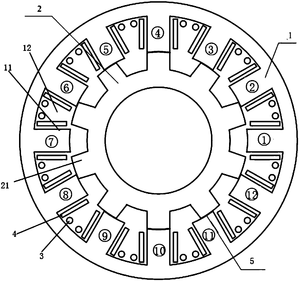 A (12/10)k three-phase n-channel doubly salient pole motor