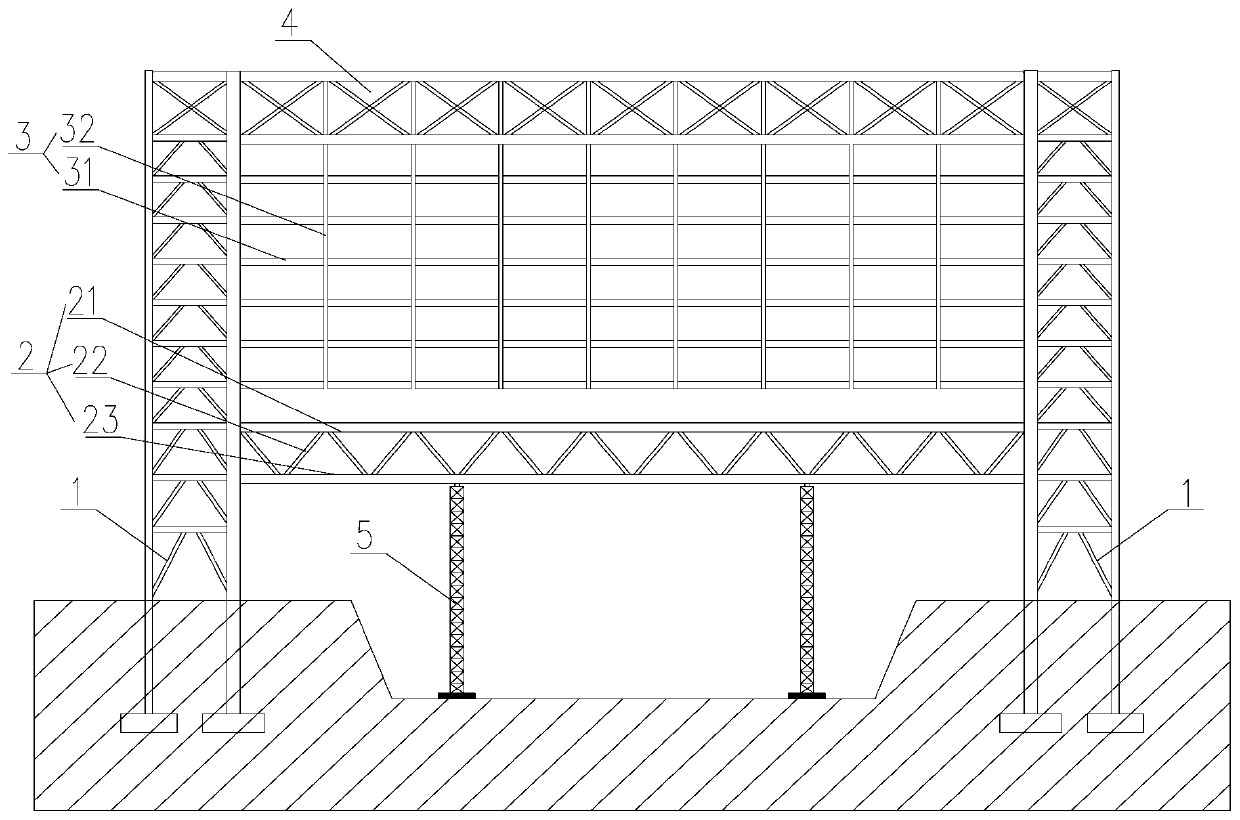 Steel truss suspension hybrid system and construction method