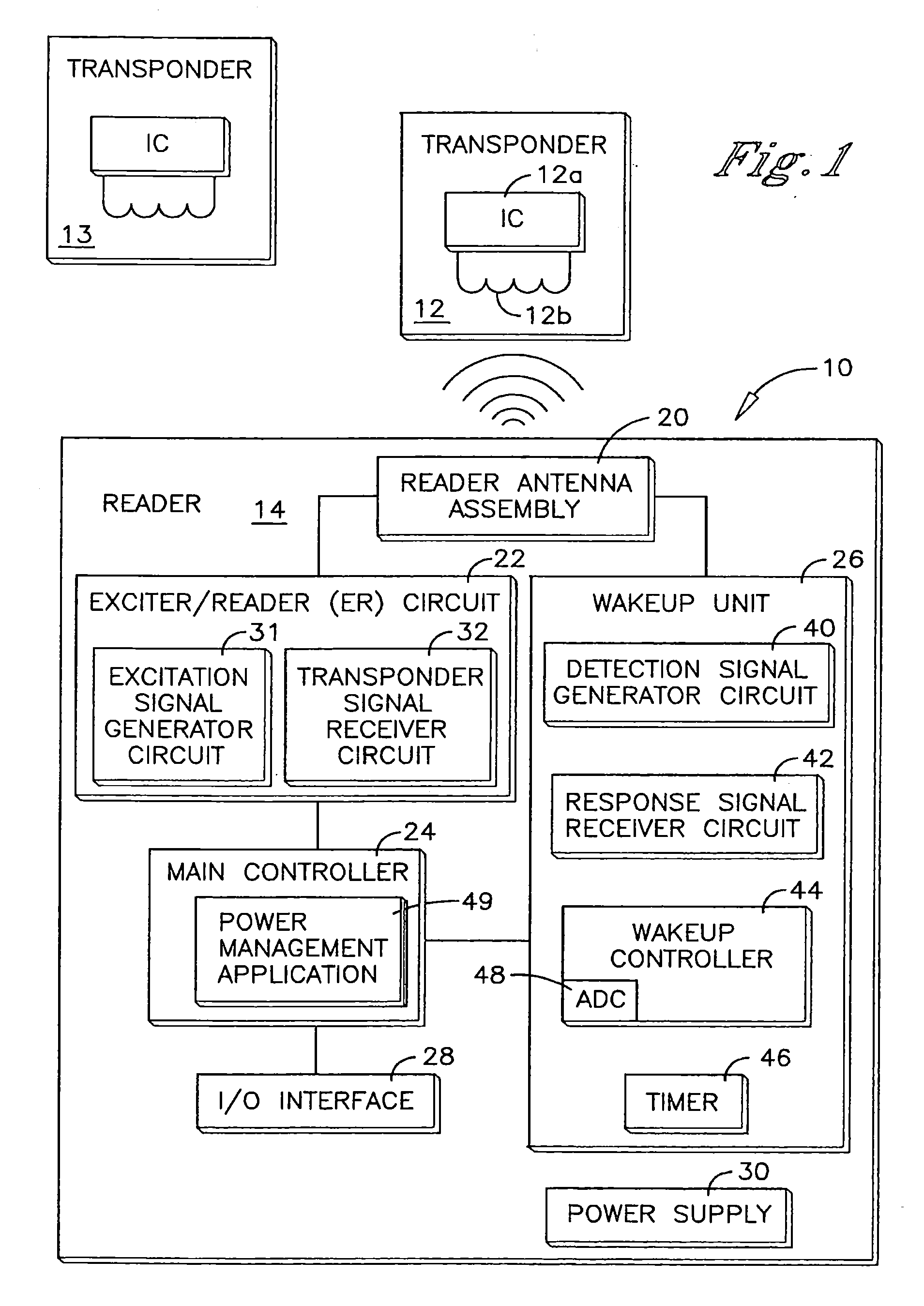 Switched capacitance method for the detection of, and subsequent communication with a wireless transponder device using a single antenna