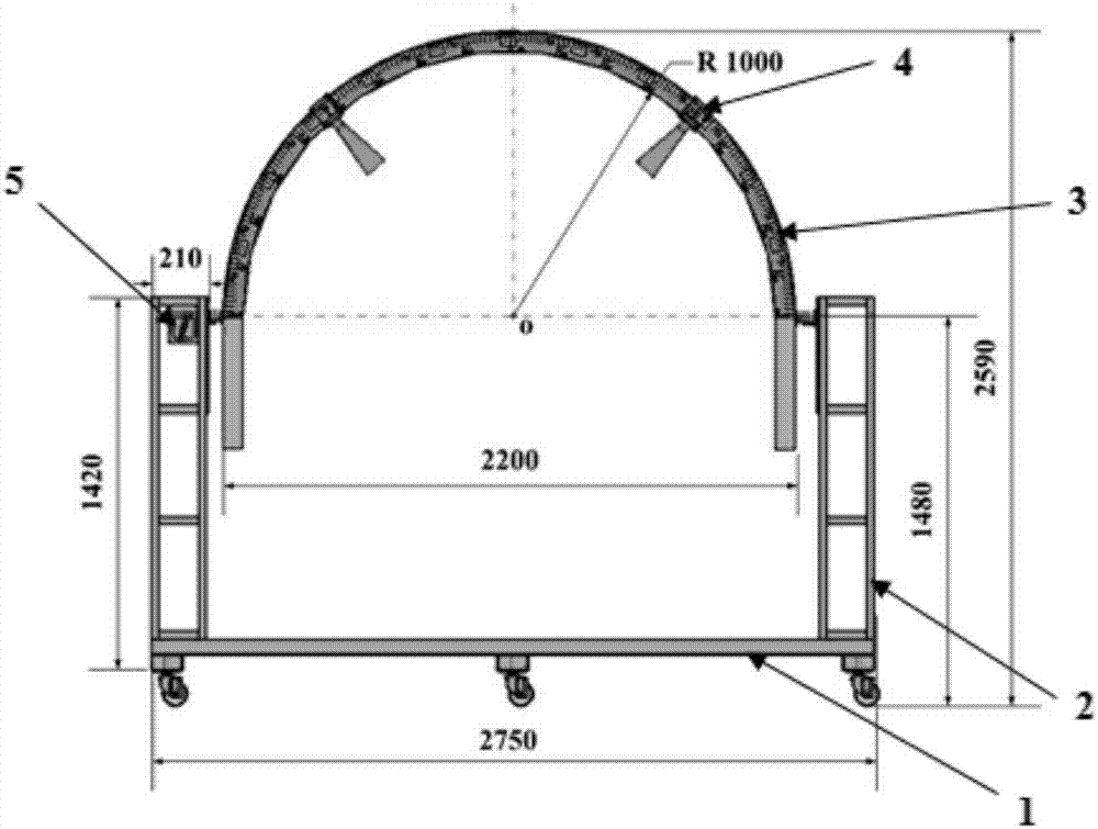Arched support used for material electromagnetic characteristic measurement in wireless communication channel modeling