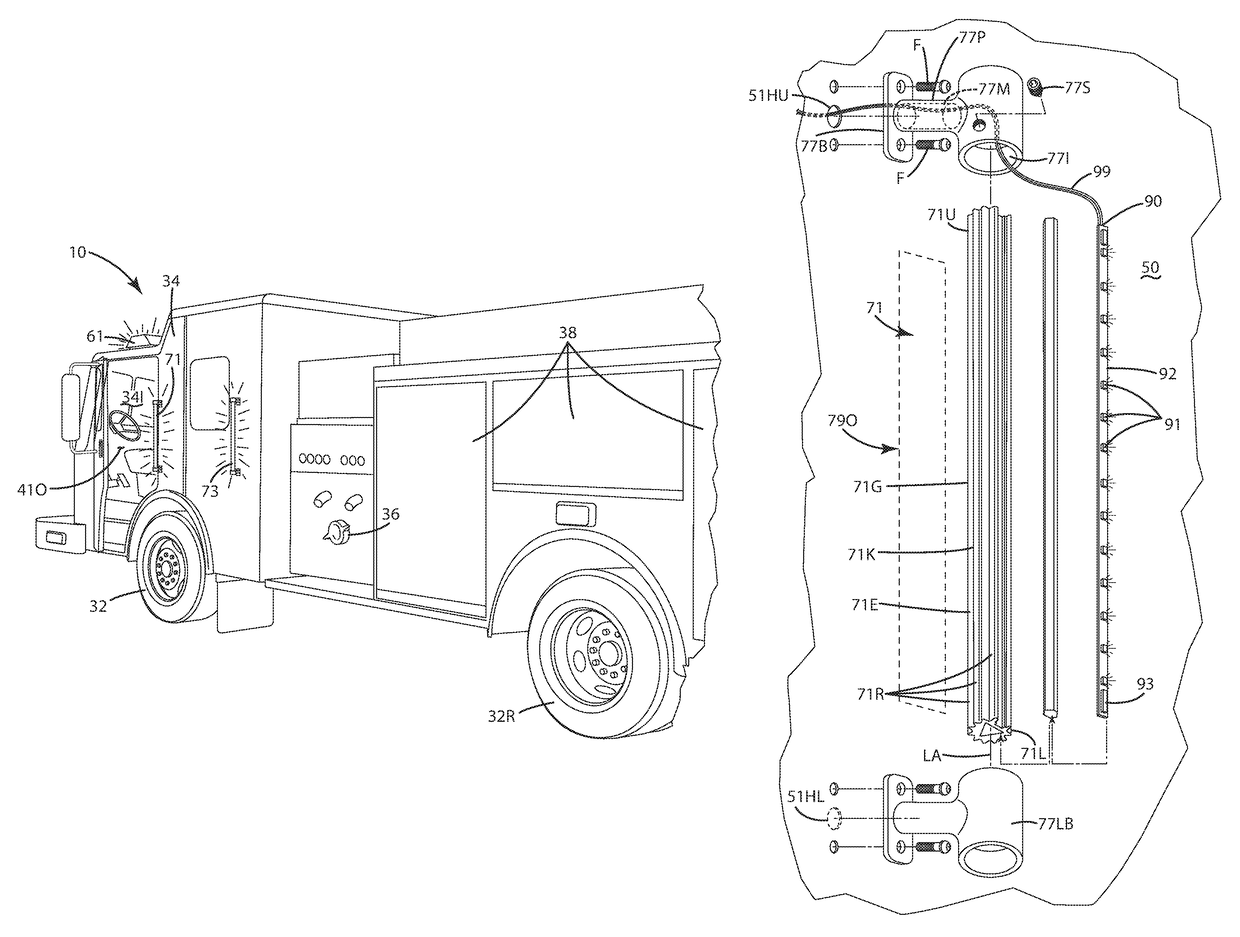 Firefighting or rescue apparatus including an integrated grab handle and signal light
