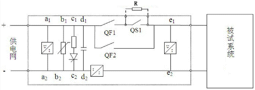 Direct-current short-time supply interruption and supply voltage leap simulation test device