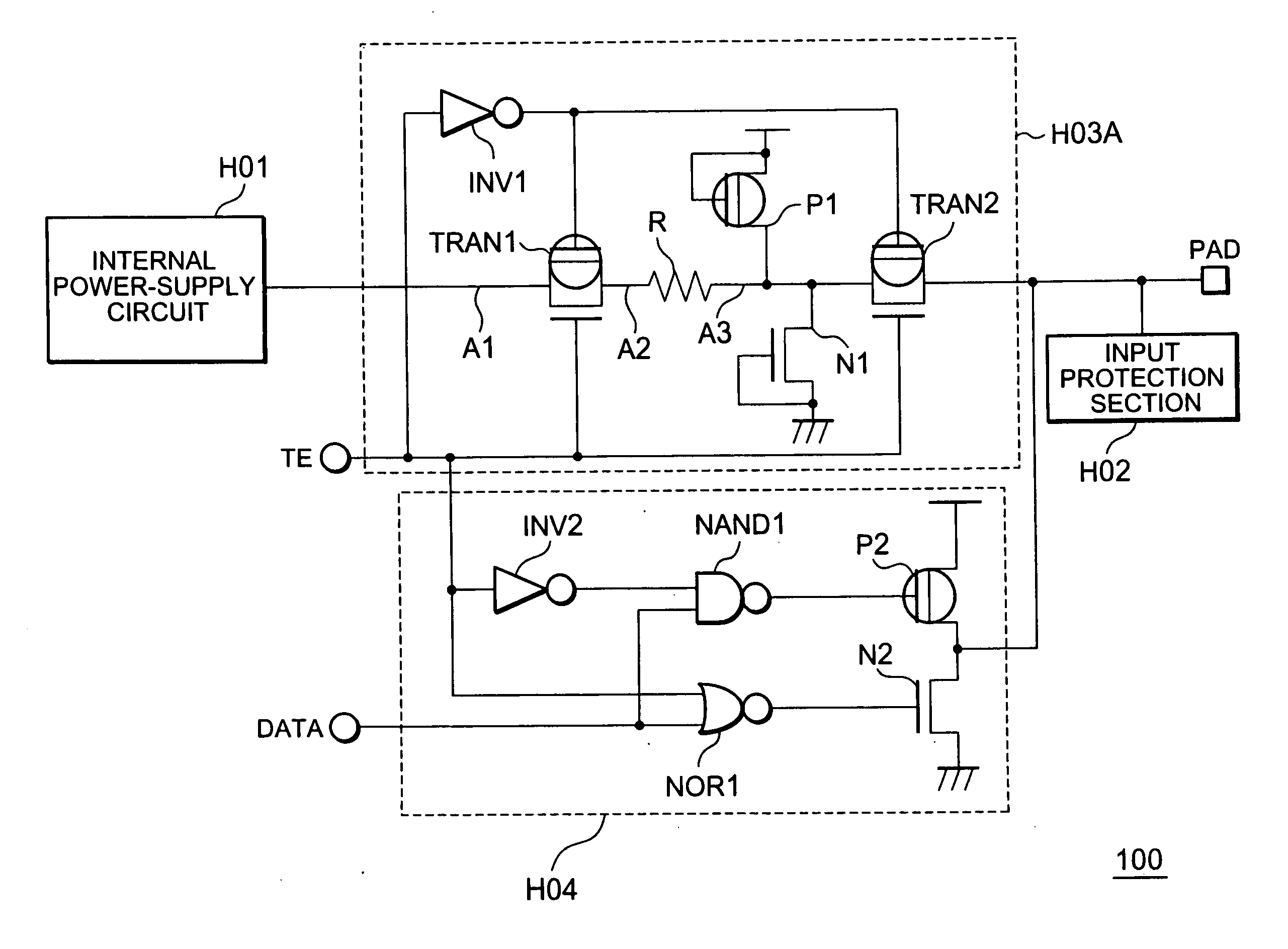 Semiconductor device having CMOS transfer circuit and clamp element