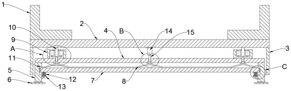 Damping supporting structure of weight type beam type goods shelf guide rail and supporting method of damping supporting structure