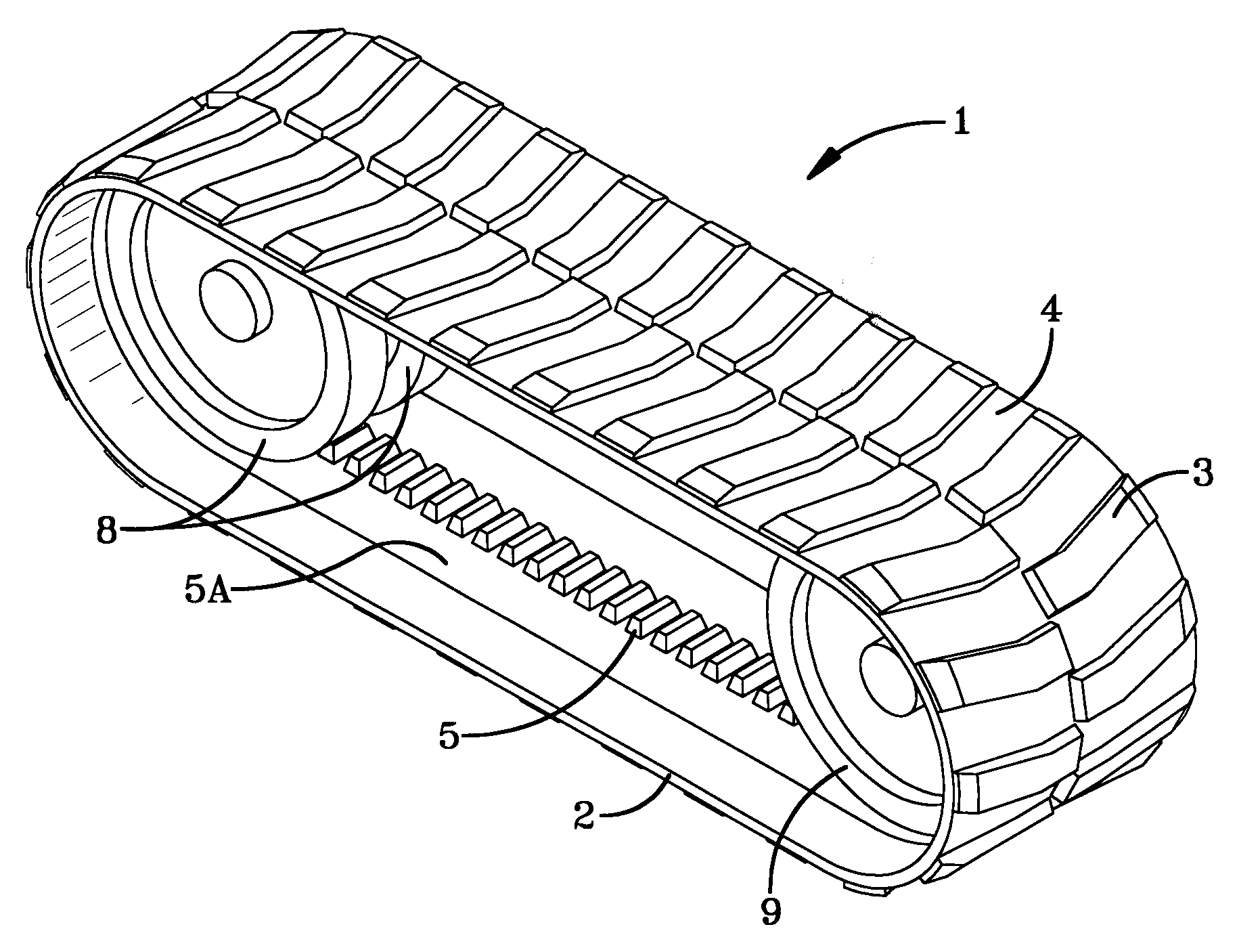 Endless rubber track having guide lugs with guide lug support layer, and vehicle containing such track
